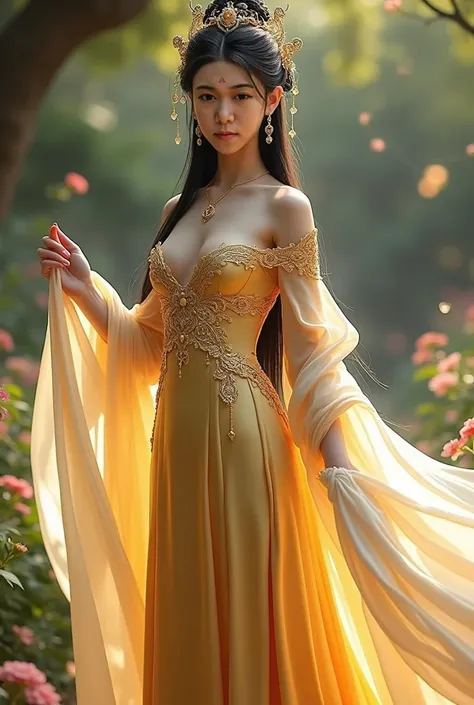 Chinese princess, a woman with long straight hair, big breasts, wearing a luxurious, golden Chinese queen dress,  ,  white, long, smooth, luxurious shawl, a lot of Chinese queen position metal hair ornaments, high hair boxing in a garden with flowers, look...