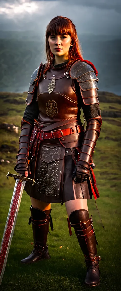 Female viking knight in full leather straps armor, hkstyle, brown with red embellishments, bangs, earrings, holding a legendary sword by the hilt, the sword glowing red, in front of a group of medieval warriors, illuminated by rays of sunlight between dark...