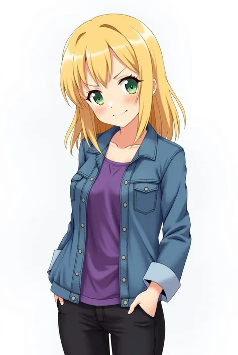 in anime.  A blonde girl with shoulder-length hair,  green eyes , She was wearing a denim jacket ,  purple shirt and black pants .