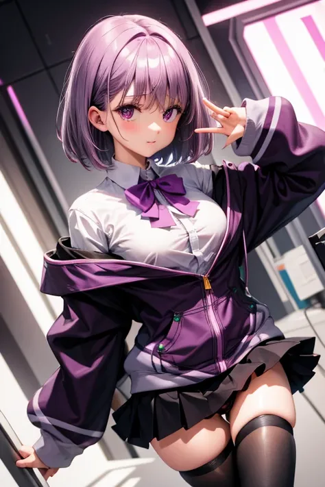  black stockings　 panties　 purple hair　Purple Eyes　Bob　black pantyhose, bow, collared shirt, hood, hooded jacket, jacket, open clothes, open jacket, open shirt, pantyhose, purple bow, purple jacket, school uniform, shirt, sleeves past wrists, unbuttoned sh...