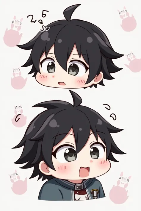 Emotes de twitch, anime,dragon cosplay, Chibi, big head, foreground , 9 samples, chico, boy hair, Black diver, black hair, gray eyes, Separate actions, Open eyes, closed mouth, Eyes closed, mouth closed, Open eyes, open mouth, Eyes closed, mouth open, Look...