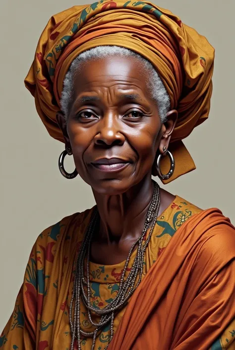 Mama Nkechi: An elderly woman with a wise and caring expression, wearing a traditional Nigerian outfit.