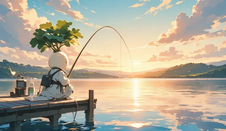 Daikon fishing on a quiet lake, daikon character, fishing rod, sitting on a pier, cute daikon, warm illustration, illustration based on warm colors, highlighting the quiet lake