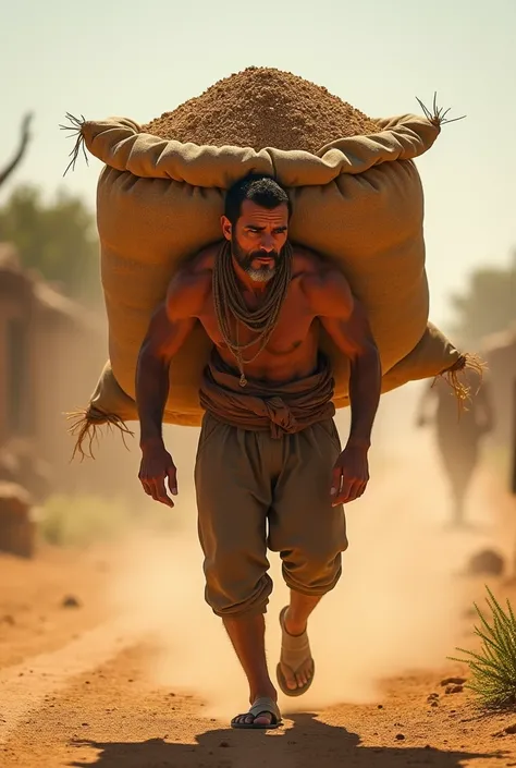 A man carrying a heavy bag of sand in the hot sun on his back