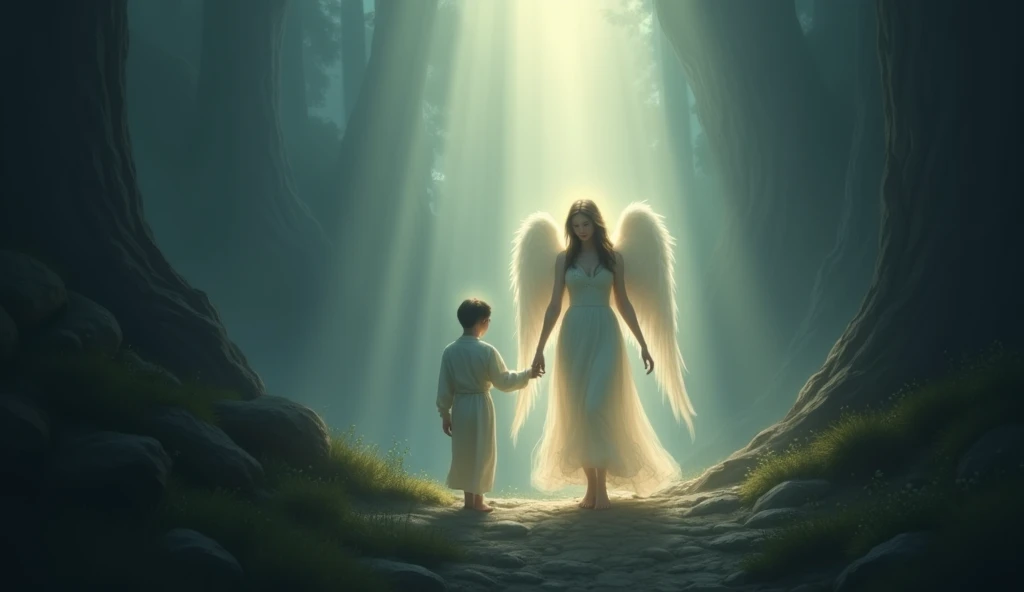 An angelic figure surrounded by soft light ,  walking alongside a person in a dark valley .
feeling:  security and presence of God even in difficult times