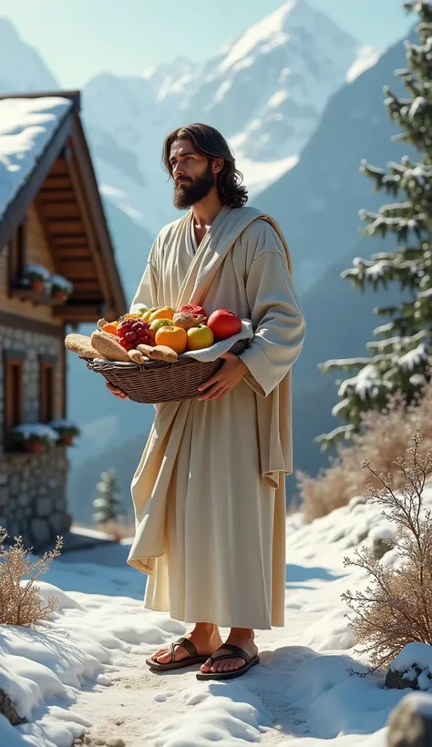 An ultra-detailed Jesus standing next to a chalet-style house in the Alps, holding a basket of fruits and bread. He looks forward with a peaceful smile as snow blankets the roof and ground around him."Parameters: --with 9:16 --style raw --stylize 700 --v 6...