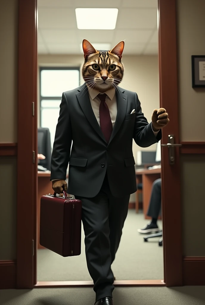 "The cat is entering an office door, wearing a suit and tie, holding a briefcase in hand."
