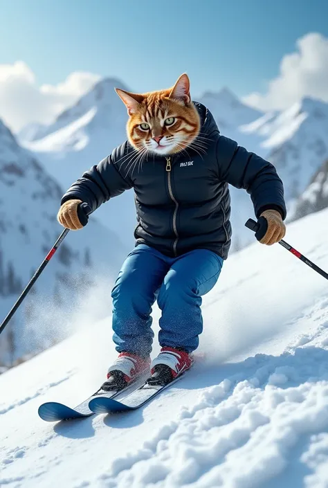 A realistic image of a strong cat skiing on snow. The cat is muscular and powerful, wearing a black and blue full ski suit, including jacket and pants. The snow is fresh and crisp, with mountains in the background. The cat is positioned in an action-packed...