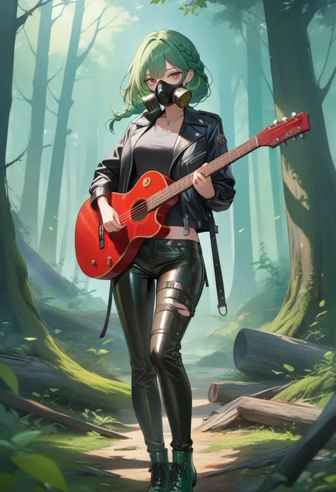 in a gas mask,  girl ,  Braided Hair ,  leather jacket, leather pants,  Patent Shoes ,  in Hand Guitar ,  Background Green Smoky ,  Perfect anatomy , Greenish hair color,  Ruined Forest, masterpiece,  best quality, 8 k,  complex details ,  Lots of Details ...