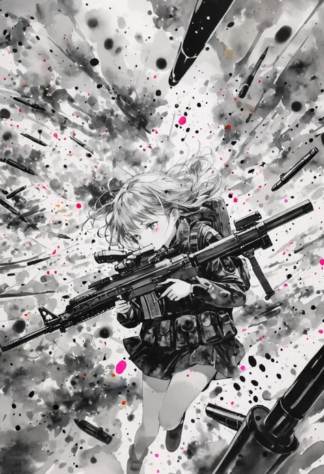 (masterpiece, best quality),watercolor print depicting,(girl floating in a weightless battle field,tween),wearing Elite special forces military uniform,surrounded by rifle and bullets symbols,monochrome with splash color, contemporary art,