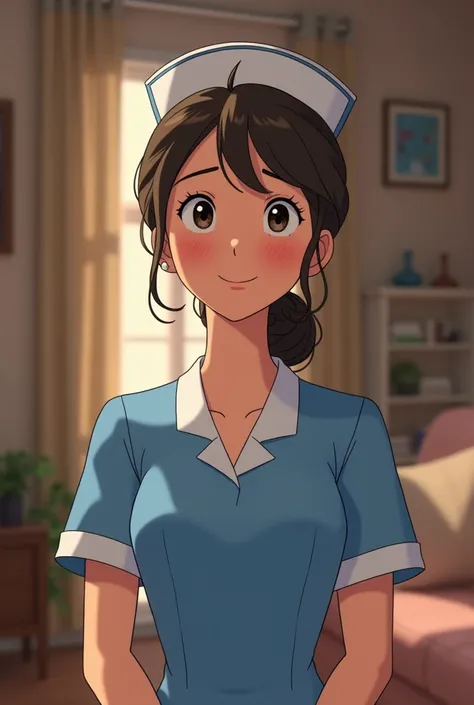 In animated characters of parents with their daughter a student nurse wearing a blue dress with white sleeves, nursing cap, bun hair with white apron. Each pairs of parents shows the impact of  parenting style to the mental health of their daughter, 1 pair...