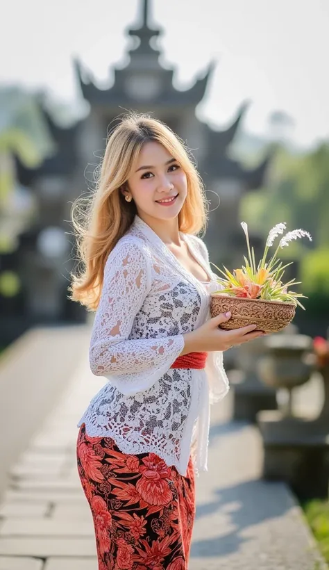 (masterpiece, best quality:1.2), 1girl, Russian Girl,very beautiful,  long hair, blonde hair,Alone, flower, kebaya_Bali, white_kebaya_bali, stands on bridge, facing away from the camera, facing back,  Bali temple background, beach.