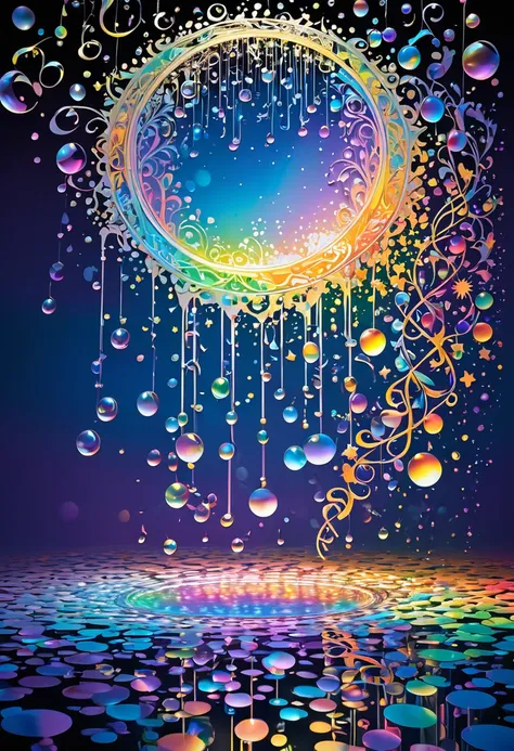 A cross-fade of two images, one of stars and musical notes created through a fusion of paper cutting and shadow art, the other of iridescent soap bubbles raining from the sky and gushing out of the ground, background sparkling beautiful mirror, bold and dy...