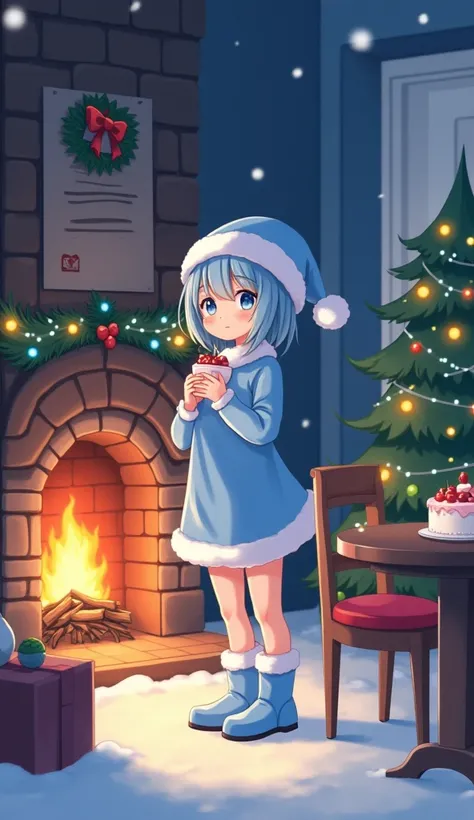  imaginary　snow　 Fireplace Fire 　 Wooden Tables 　Christmas cake　Chair　 Christmas tree　decoration　 cute　 realistic girl 　Short Hair　 light blue hair　Santas light blue hat　light blue Santa clothes 　 Mini Skirt　Light blue boots