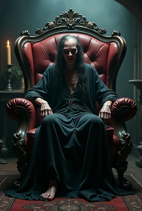 Ugly witch sitting on a full body Mafia armchair