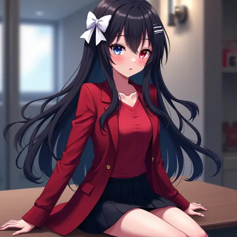 Anime girl red and blue eyes, long black hair, with white hair clip, and white hair ribbon wearing unbuttoned red blazer, and red t-shirt underneath, and wearing black skirt, sitting on counter