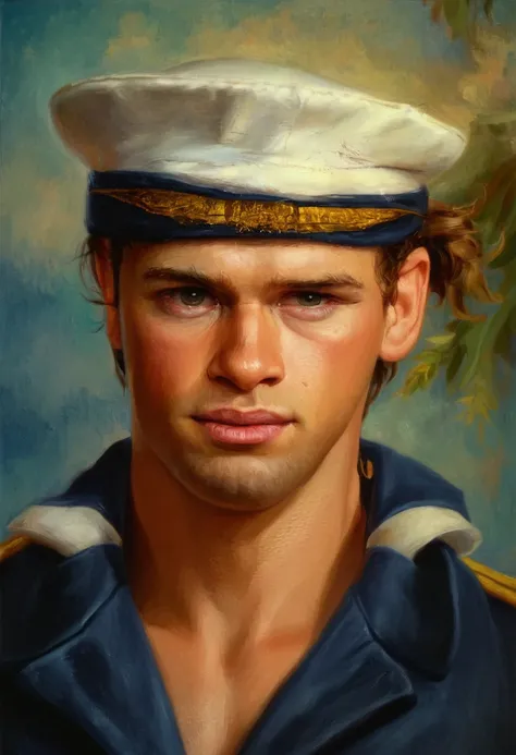 there is a man wearing a hat and a sailor suit, in a oil painting style, inspired by Niklaus Manuel, young greek man, fan art, digitally painted, liam, handsome man, chriss foss, in the style of an oil painting, portrait of a young pirate, inspired by Jose...