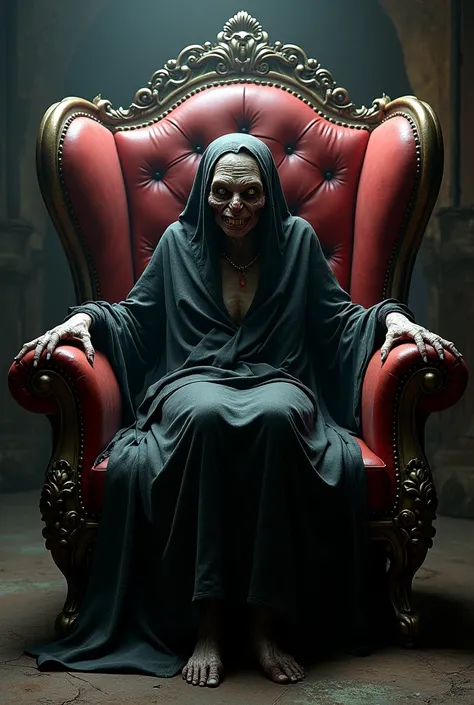 Ugly wicked witch sitting on a full body Mafia armchair