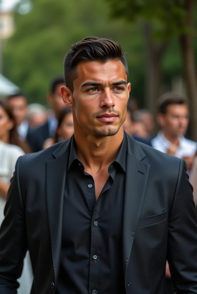 Ronaldo in a suit, dark colored shirt, small head, extremely detailed skin, at the park, at a chic party, blurred background.