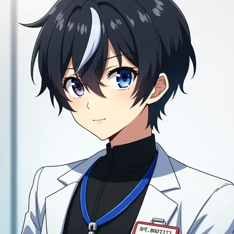 Blue archive/Sensei/Anime boy with short black with white hair, , Left eye black eye and right eye blue eye, showing the blue eye  a black office shirt , Name tag with blue neck strap , and white suit. Half body photo 