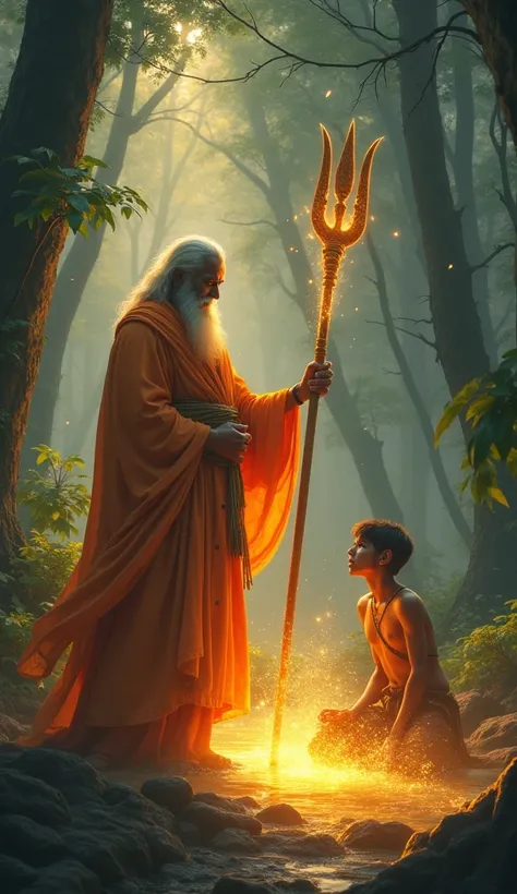 "The sage, his orange robes glowing faintly, stands firmly between Arun and Kamini. His trident crackles with divine energy as he chants powerful mantras, his deep voice reverberating through the misty forest. Arun, now on the ground, looks up at the sage ...