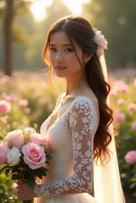 The bride stands gracefully in the heart of a lush garden, bathed in the soft glow of a bright morning sun. Her long, dark brown hair cascades in gentle waves, catching the light with a rich, lustrous shine that frames her radiant face. The intricate lace ...