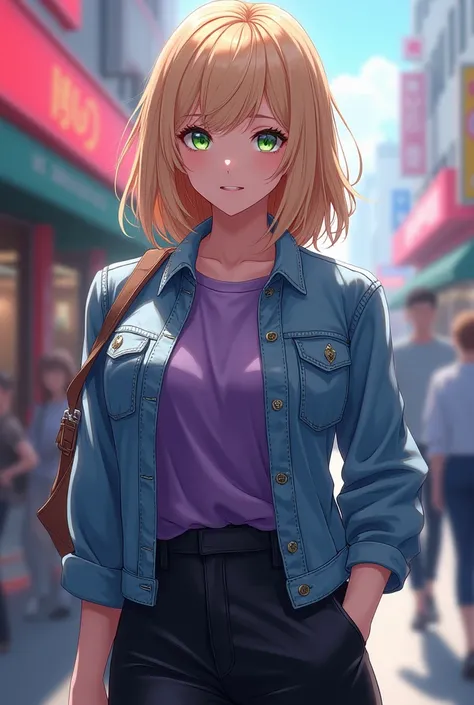 in anime. A beautiful adult girl. 
Blonde with shoulder-length hair,  green eyes , She was wearing a denim jacket ,  purple shirt and black pants .