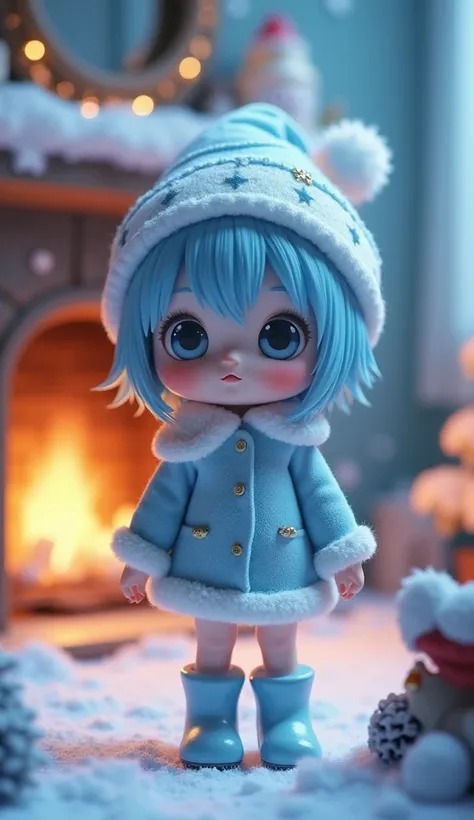  imaginary　snow　 Fireplace Fire 　 Christmas tree　decoration　cute live-action girl　Short Hair　 light blue hair　Santas light blue hat　light blue Santa clothes 　 Mini Skirt　Light blue boots