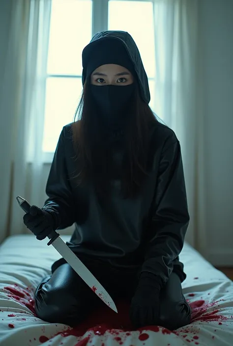  Korean Girl, (Hard back,   holding knife ), stabbing,  black balaclava masks,  Black Gloves ,  white room in the center , Black Raincoat,  Black Wetsuit , Trucker hat,  bloody knife ,  Black Gloves ,  woman stands on top, Behind the ,  Blood Splatter ,  o...