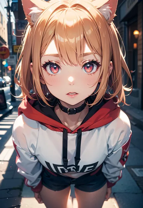 One Girls:1.5、  cute baby face in the street behind  、１４age、 perfect anatomy 、 red eyeshadow、Red lipstick、Cheeks are slightly pink behind 、white skinned、Blonde、 shorthair、Cat ears the same color as hair、 red eyes、 big eyes、Beautiful eyes、Black collar、plain...