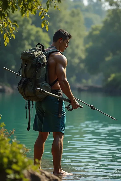 Cristiano Ronaldo fishing with a spear from a large pond