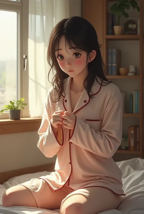 In her home room in Korea, a pretty college girl is shy, sweats, and shows unintended exposure while wearing pajamas