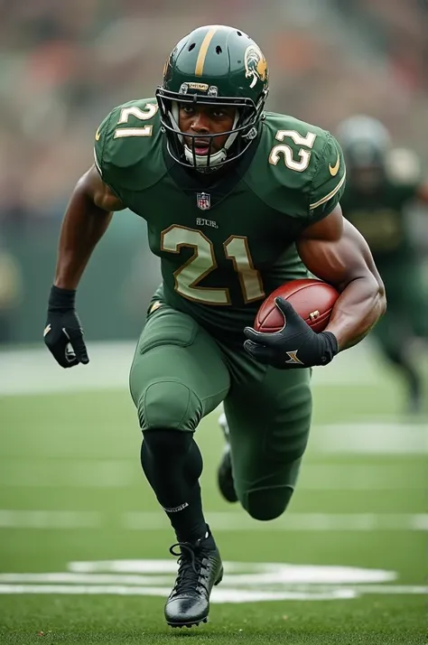  American football player wearing military green uniform with number 21 running, The helmet has a symbol of a large olive tree 