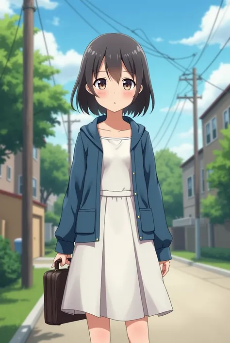 a picture of a female elementary school student wearing a white dress with a blue dress over her shoulder wearing a briefcase to go to school