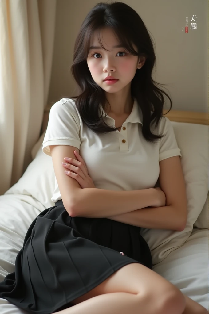 High quality shy and timid, cute, dirty nineteen year old girl,(photo quality) masterpiece, 4k high res, shy pose, black knee length school skirt, and a plain polo shirt, teasing,  hair middle part, ((embarrassed)) relaxed in her bed (arms crossed) (black ...