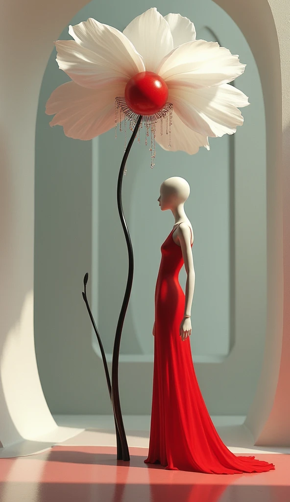 Create a surreal scene featuring a slender, faceless figure dressed in a flowing red gown standing gracefully next to an oversized, elegant white flower. The flower has a vibrant red sphere at its center, protruding from long, delicate black stems adorned ...