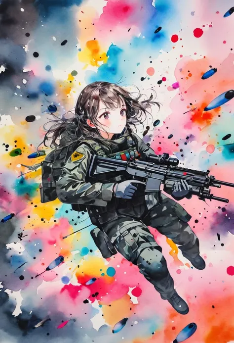 (masterpiece, best quality),watercolor print depicting,(girl floating in a weightless battle field,teen),wearing Elite special forces military uniform,surrounded by rifle and bullets symbols,splash color, contemporary art,