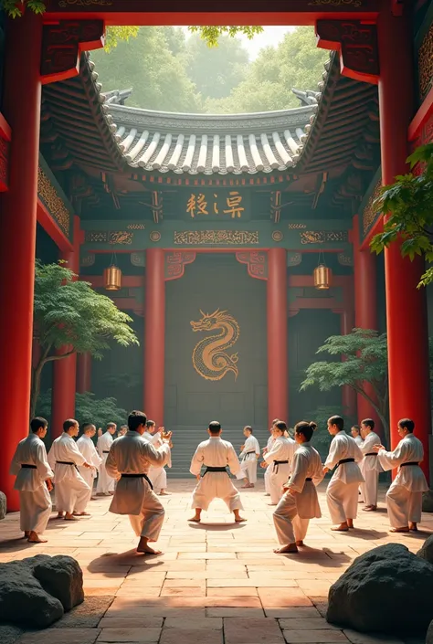 A karate dojo whose symbol is a dragon the environment and green red and black focuses on speed and I want you to show the entire environment