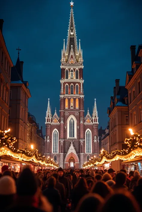 close-up of christmas church in black night festival with lots of people