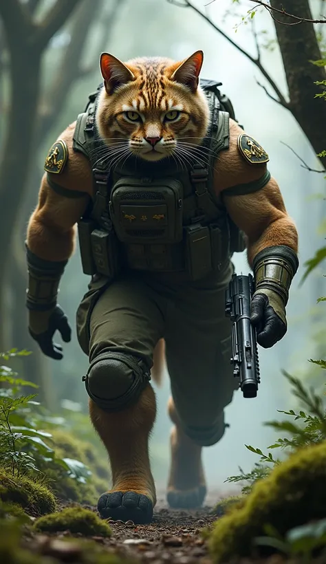 A big, muscular cat dressed as a soldier and carrying a weapon in his right hand is patrolling the forest