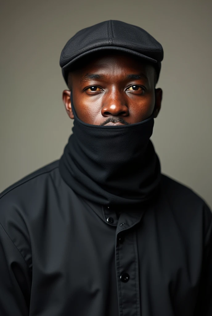 (photorealism:1.2), Create an image of a tall, buff, chocolate-skinned male with short hair, wearing dark clothing, a cap, and a face mask or balaclava. He should look confident and strong. His face should be a blend of tsonga musicians, Benny Mayengani an...