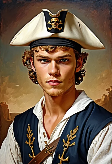 there is a man wearing a hat and a sailor suit, in a oil painting style, inspired by Niklaus Manuel, young greek man, fan art, digitally painted, liam, handsome man, chriss foss, in the style of an oil painting, portrait of a young pirate, inspired by Jose...