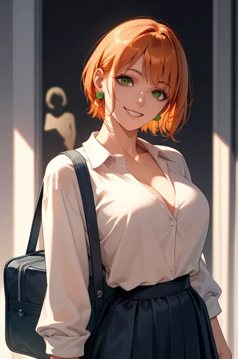  short hair,  Orange hair ,  big breasts, Earrings, smile, Way a way, Yandere,  green eyes, pose sexy, Casual clothing,school bag , Silhouette, around school leaving, 