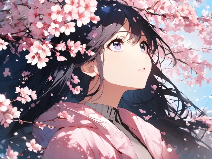  Looking up at the sky　cherry blossoms　cool woman 