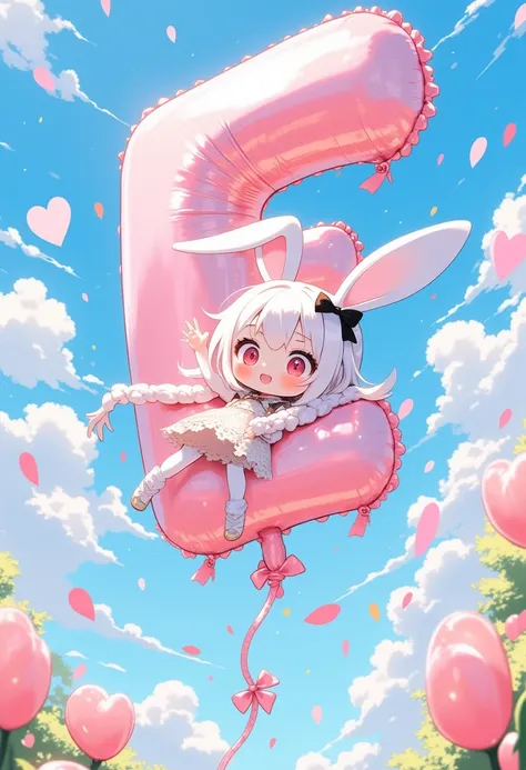 Cute pop balloons shaped "Bright Es" for sure. Pop and vivid and comical and colorful and cute art. Everything floating under zero-gravity weightlessness. gorgeous and colorful heart marks and star marks. rabbit girl(chibi,cute,kawaii,red eyes,white rabbit...