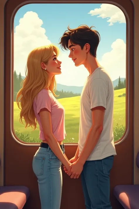 "Create an artistic illustration of a young couple standing inside a moving train. The couple holds hands and looks at each other lovingly, with warm smiles. The girl has long, wavy blonde hair, wears a light pink T-shirt, and light blue jeans. The boy has...