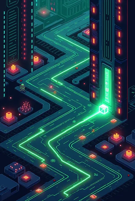 
Top down pixel art Design
The scene represents the inside of a computer in a vibrant 2D pixel art landscape. It portrays a dynamic digital world filled with glowing circuit pathways, computer components, and interactive elements. The environment captures ...