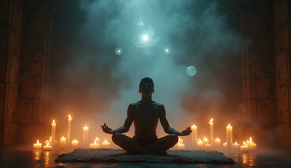 A person meditating in a peaceful, tranquil room with glowing orbs of light floating around them, representing intuition and a deeper connection to unseen realms. The room is dim, with candles casting flickering shadows, creating a mystical ambiance