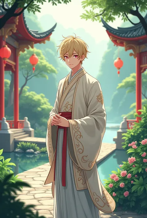 handsome man, anime manga style,  traditional Chinese clothing, pink eyes,  light blond hair,  short hair, handsome,  Chinese garden ,  anatomy, 8K