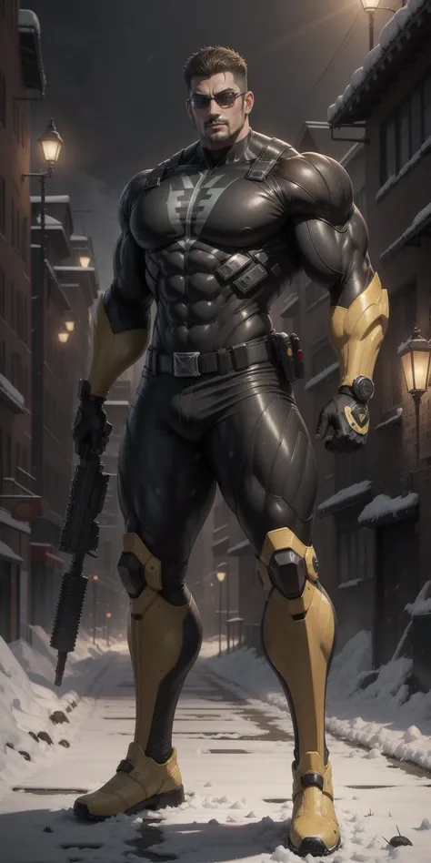 2-metre tall muscular male police officer，He is wearing a police hat ，sunglasses，Flat head，Very long legs，Dark Yellow camo nano mecha ，Warm Padded Fluff ， character concept （Resident Evil - Chris Redfield，Chris Redfield）Senior Police Officer，Small plaid te...